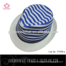 blue striated straw trilby hat